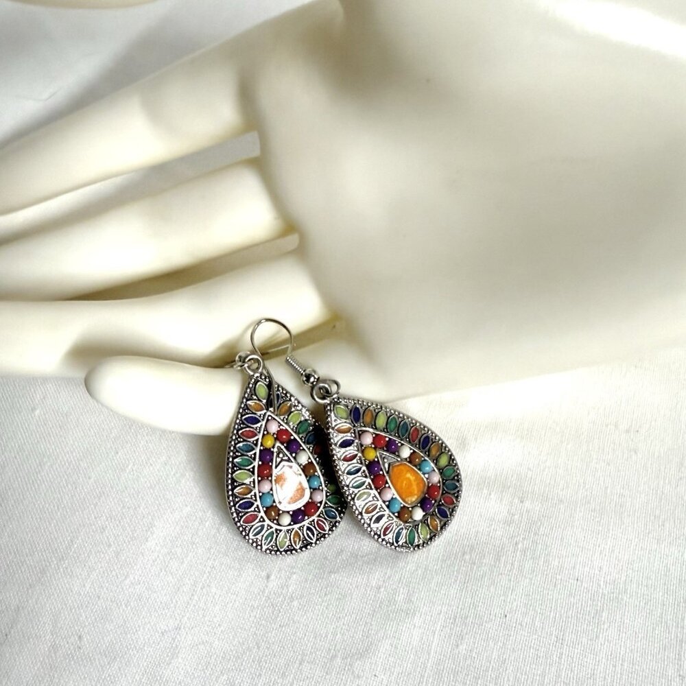 Vintage Mosaic Teardrop Dangle Earrings Multicolor Enamel - Picture 3 of 8